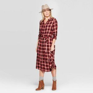 Univers Plaid Long Sleeve Midi Shirtdress (Fire Sale)